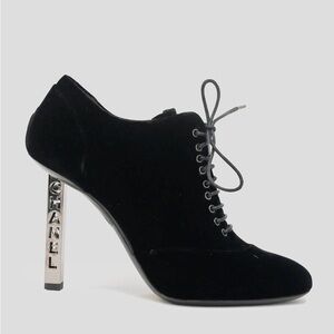 Chanel Logo Suede Lace Up Cap Toe Black Booties Metal Heel EU 38.5 C US 7.5-8